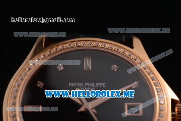 Patek Philippe Calatrava Miyota 9015 Automatic Rose Gold Case with Black Dial Black Leather Strap and Diamonds Markers Diamonds Bezel - Click Image to Close